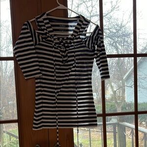Soho Blue and White off the shoulder Striped Top w/ tie front neckline
